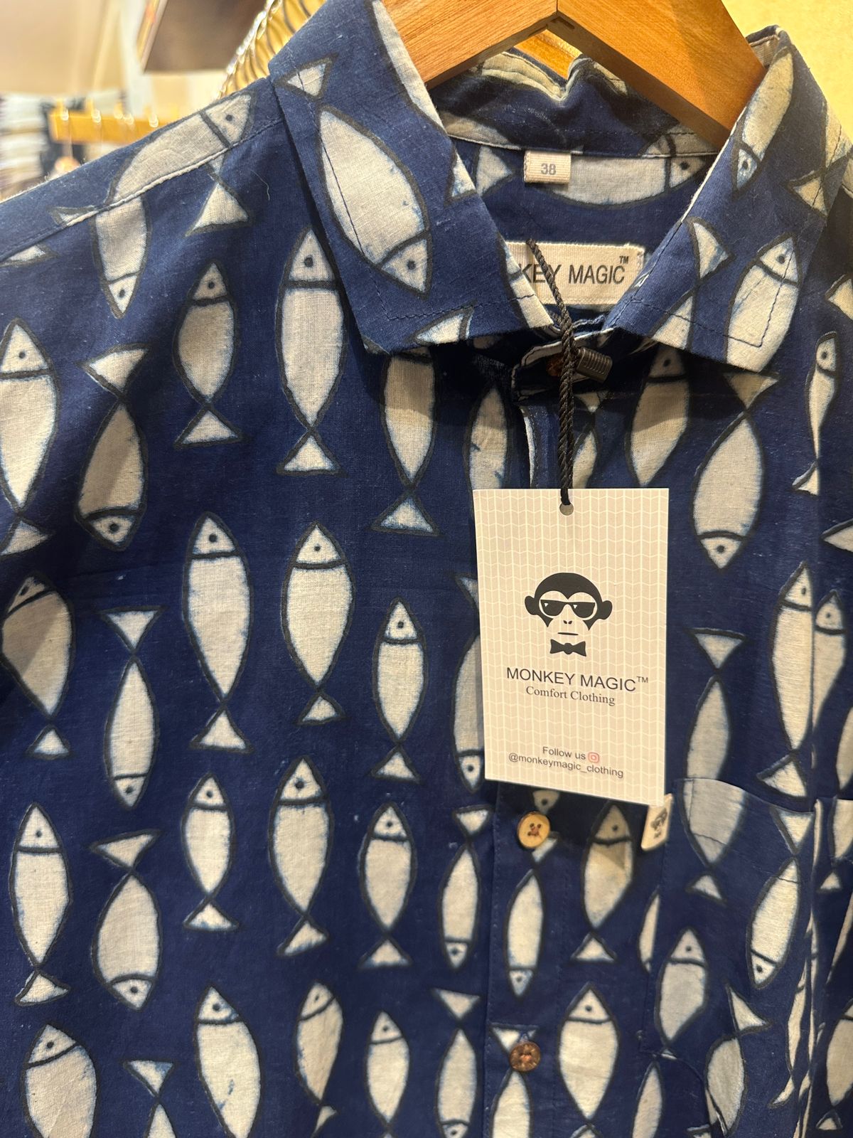 indigo fish print shirt