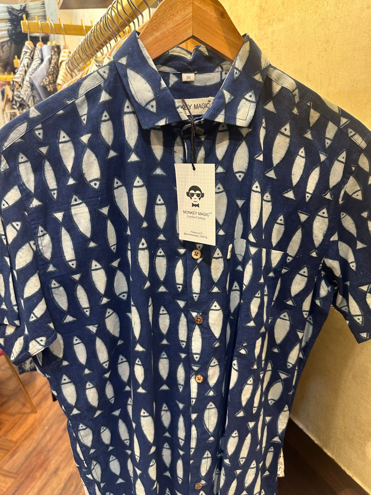 indigo fish print shirt