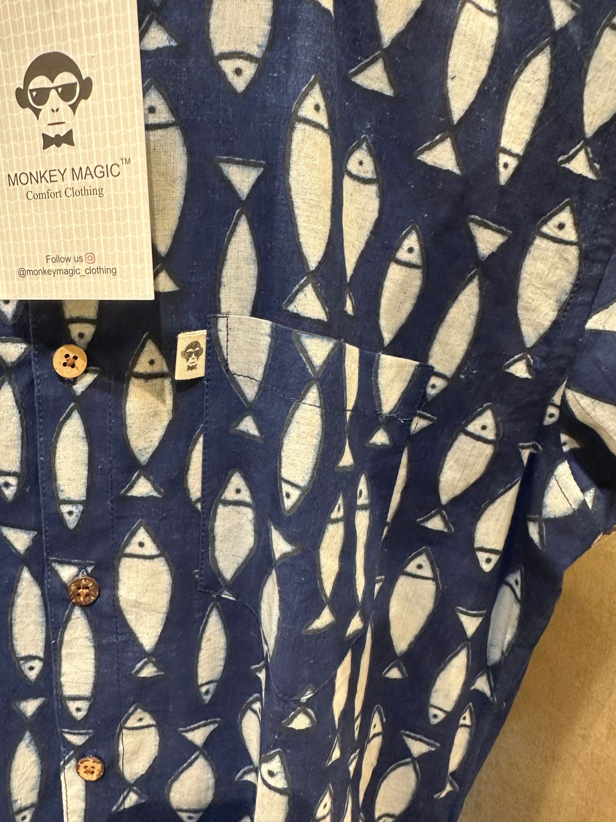 indigo fish print shirt