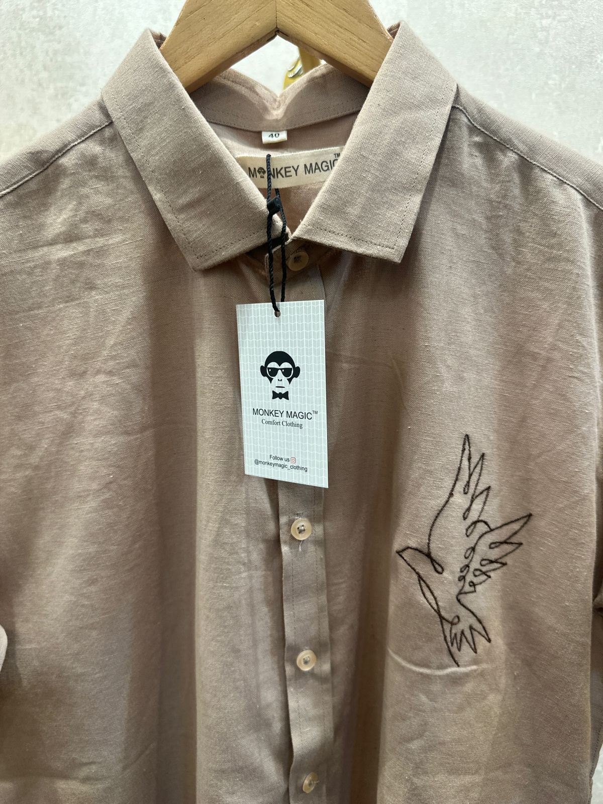 Beige Half Shirt with Bird Embroidery