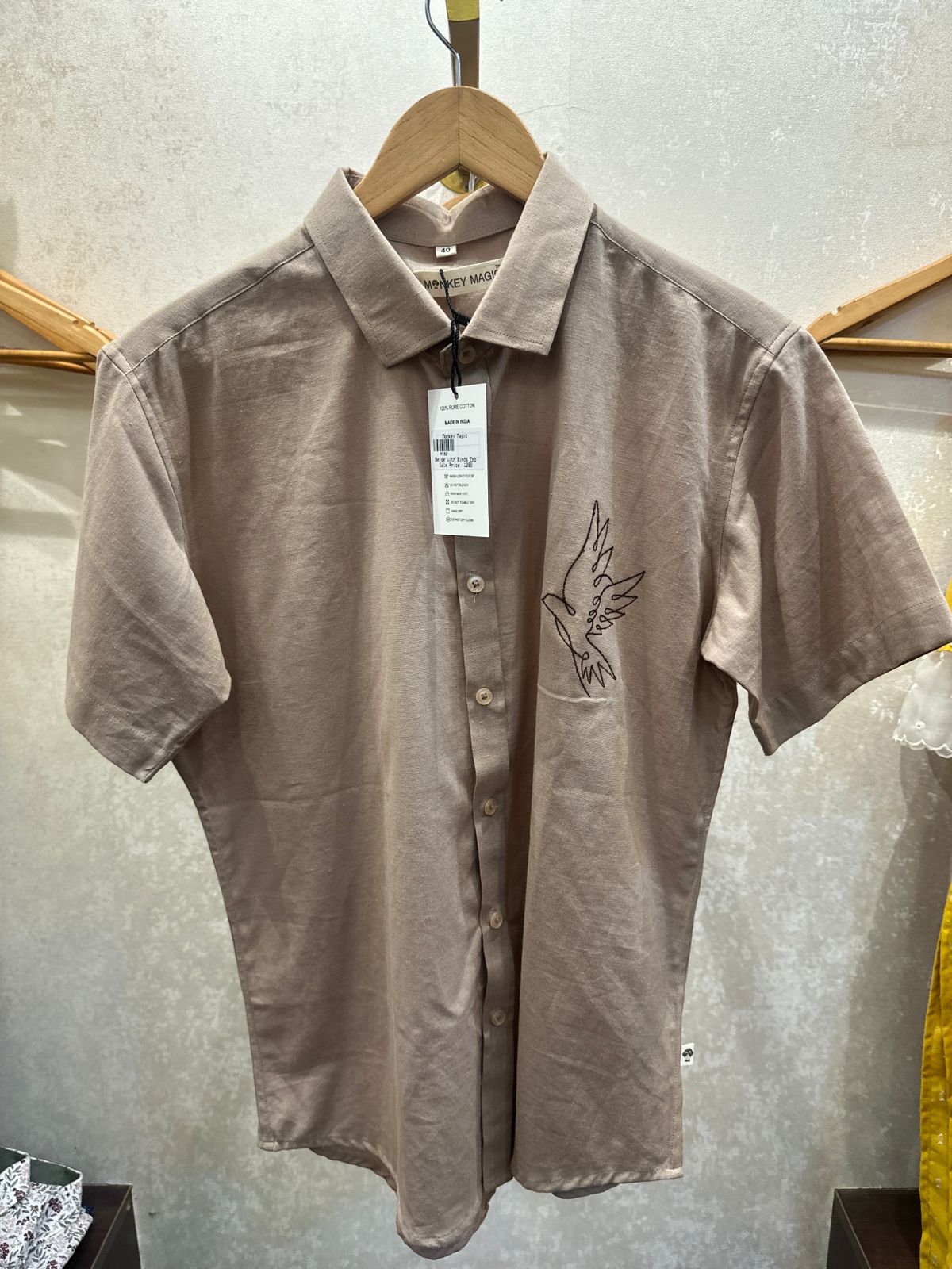 Beige Half Shirt with Bird Embroidery