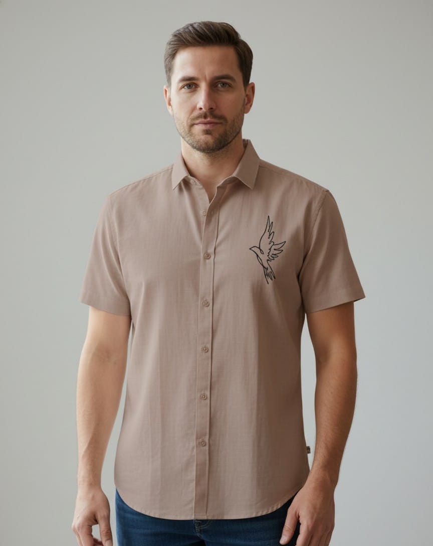 Beige Half Shirt with Bird Embroidery