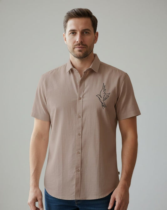 Beige Half Shirt with Bird Embroidery