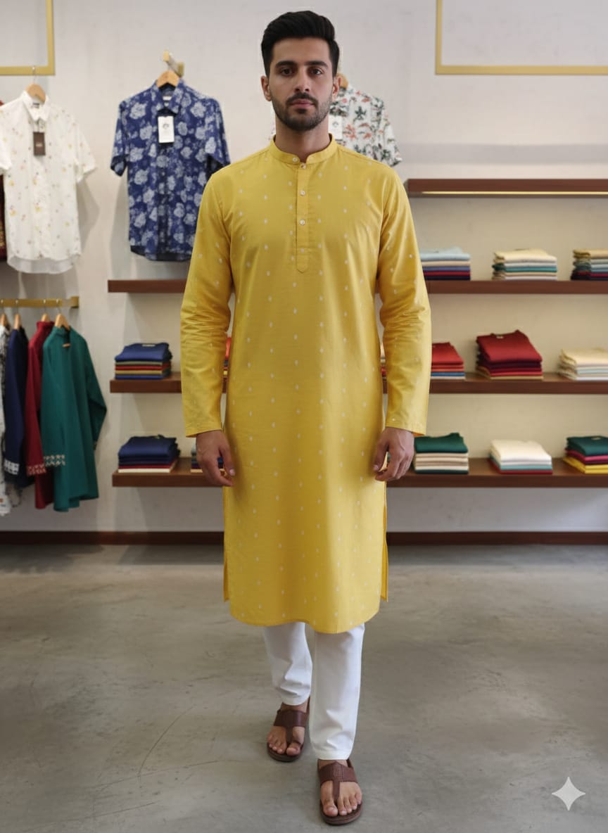 Mens full sleeves long yellow kurta