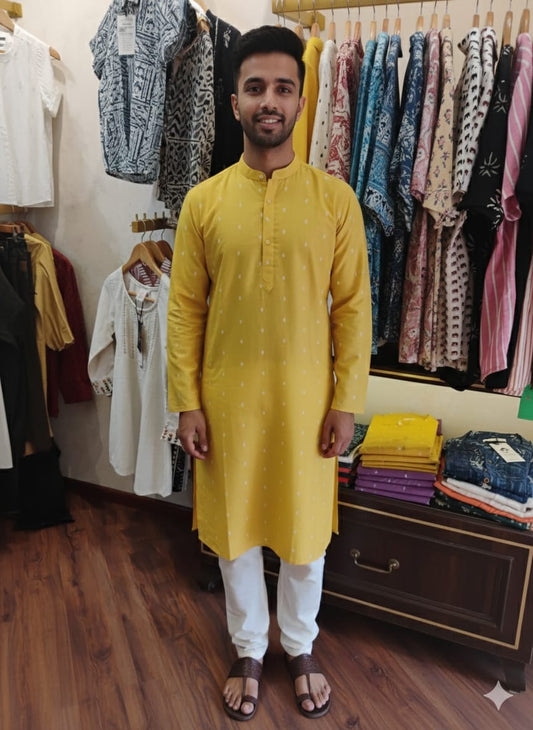 Mens full sleeves long yellow kurta