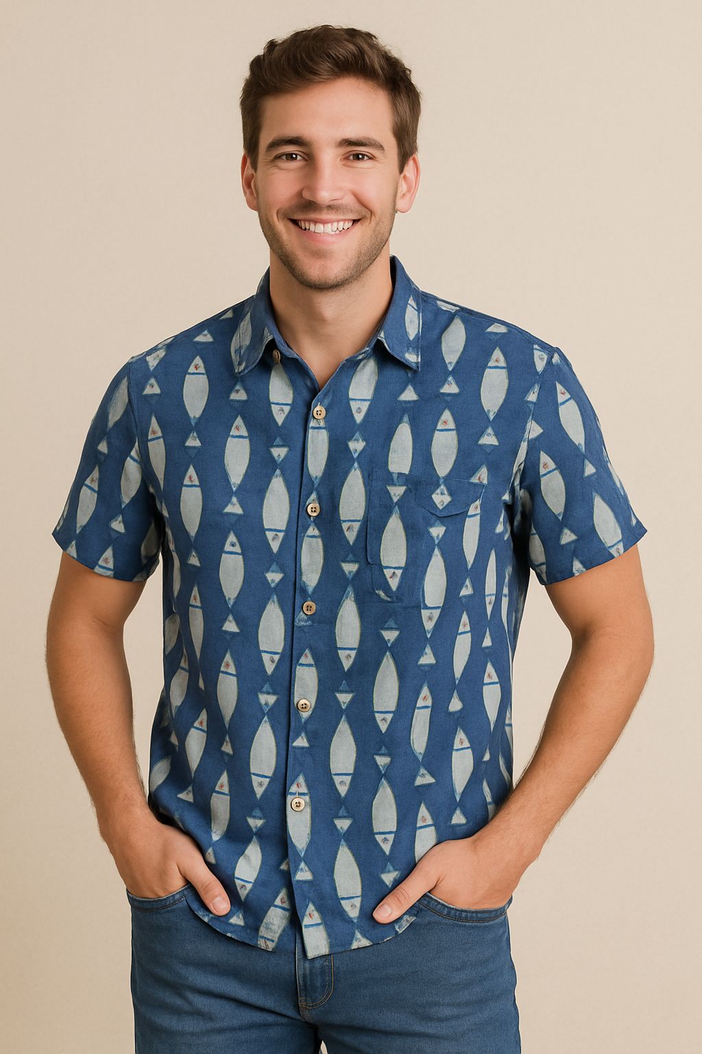 indigo fish print shirt